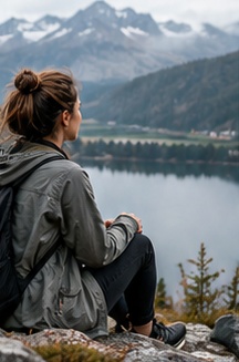 A person looking across an alpine landscape